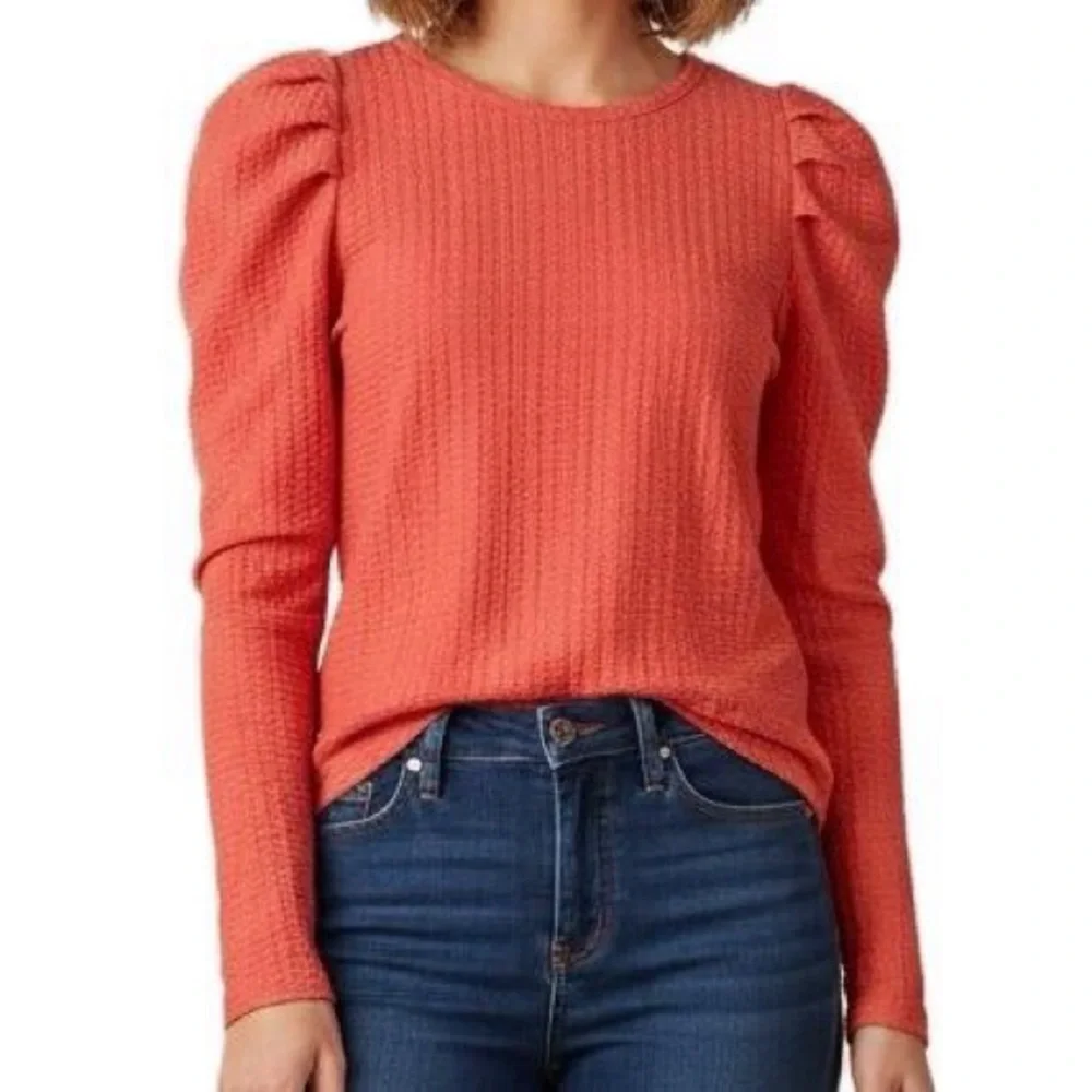 Loft Chic Petite Pleated Puff Sleeve Orange Knit Coral Long Sleeve‎ Top XS flaw